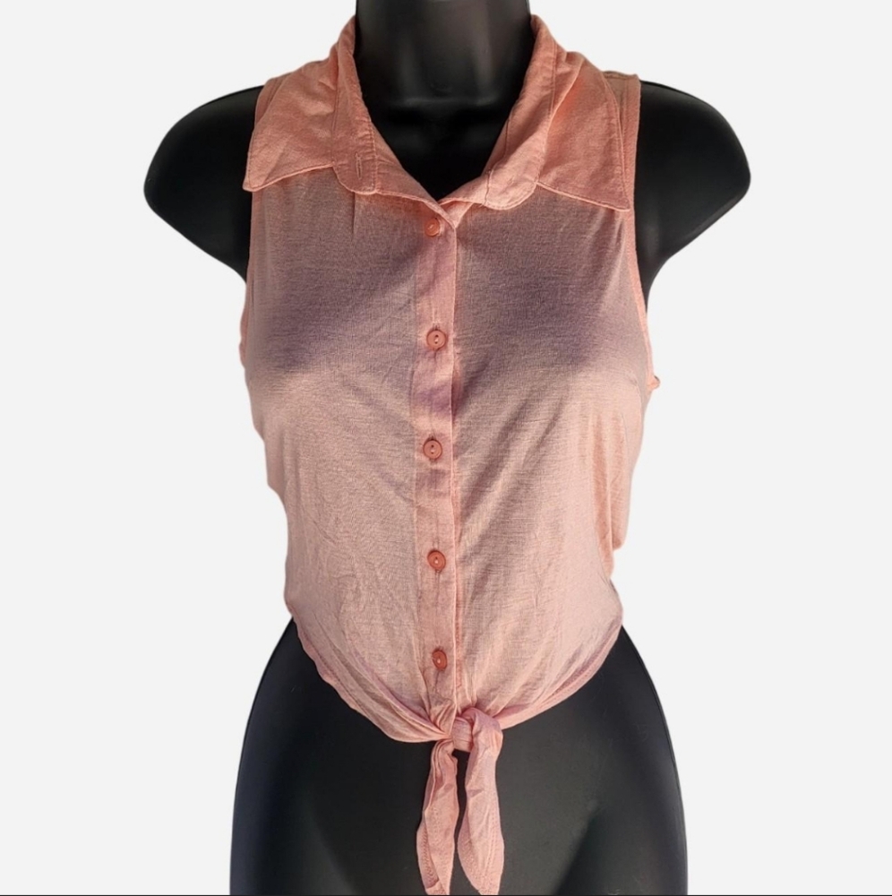 Sleeveless Pink Button-Up Tie-Front Top